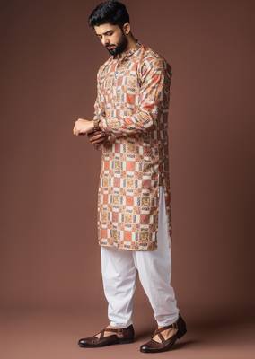 Multy color blended linen fabric printed festive wear men's kurta payjama 4