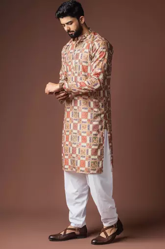 Multy color blended linen fabric printed festive wear men's kurta payjama