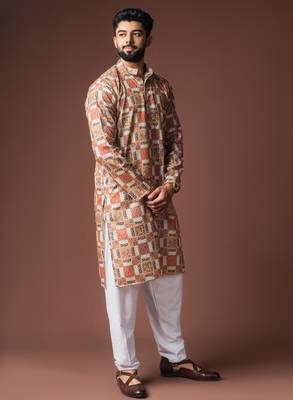Multy color blended linen fabric printed festive wear men's kurta payjama 5