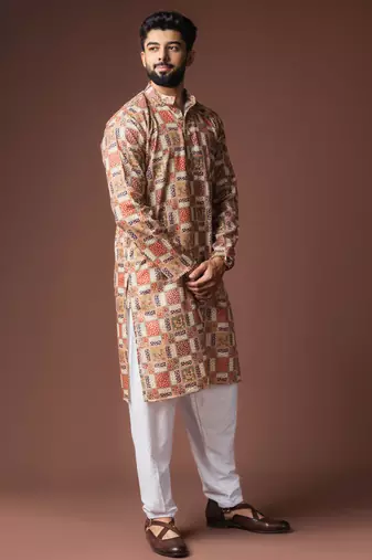 Multy color blended linen fabric printed festive wear men's kurta payjama