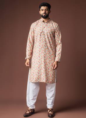 Multy color blended linen fabric printed festive wear men's kurta payjama 1