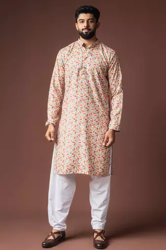 Multy color blended linen fabric designer printed festive wear men's kurta payjama