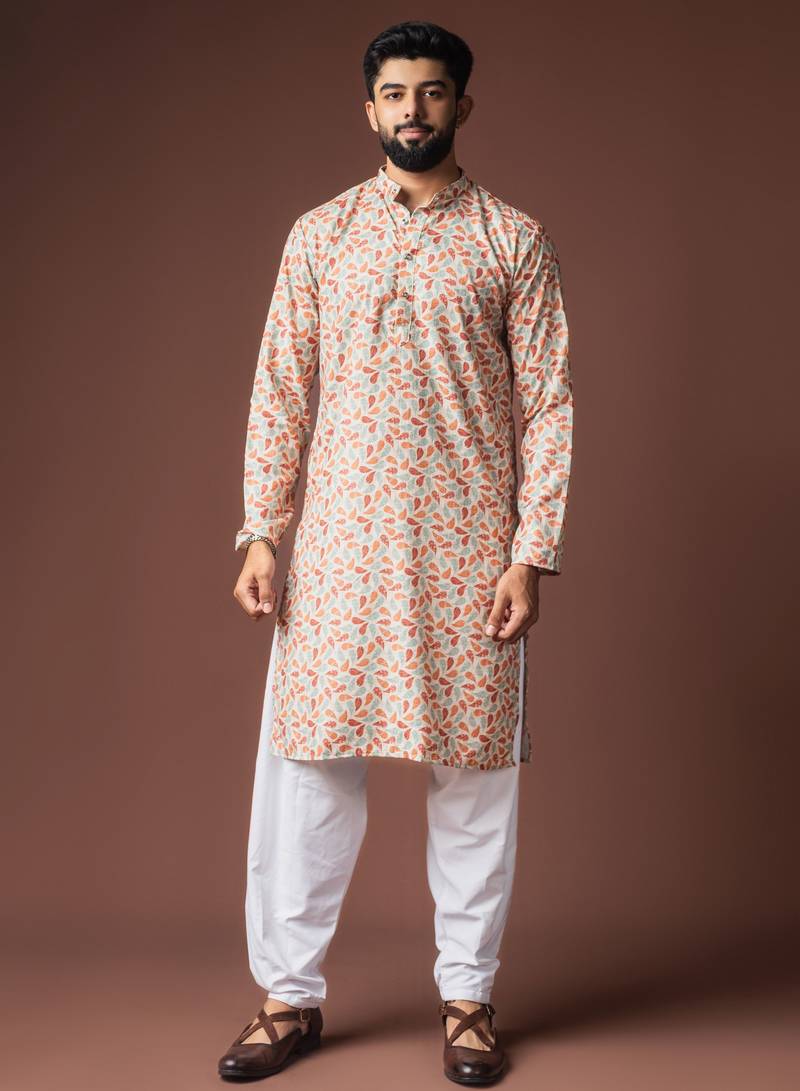Multy color blended linen fabric designer printed festive wear men's kurta payjama