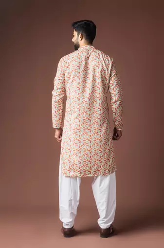 Multy color blended linen fabric printed festive wear men's kurta payjama