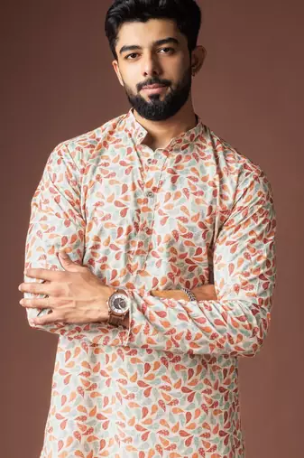 Multy color blended linen fabric printed festive wear men's kurta payjama