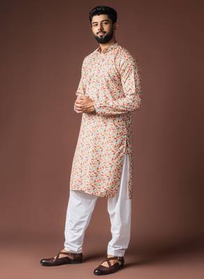 Multy color blended linen fabric printed festive wear men's kurta payjama 4
