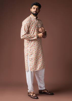 Multy color blended linen fabric printed festive wear men's kurta payjama 5