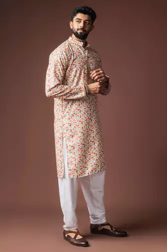Multy color blended linen fabric printed festive wear men's kurta payjama