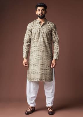 Mehandi green color blended linen fabric printed festive wear men's kurta payjama 1