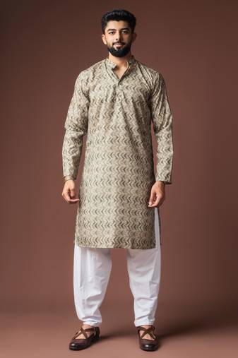 Mehandi green color blended linen fabric designer printed festive wear men's kurta payjama