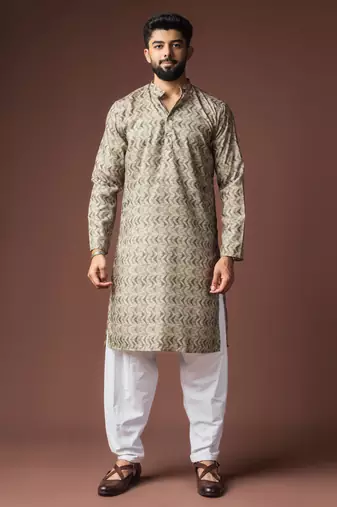 Mehandi green color blended linen fabric designer printed festive wear men's kurta payjama
