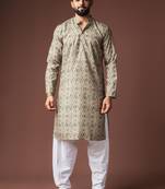 Mehandi green color blended linen fabric designer printed festive wear men's kurta payjama