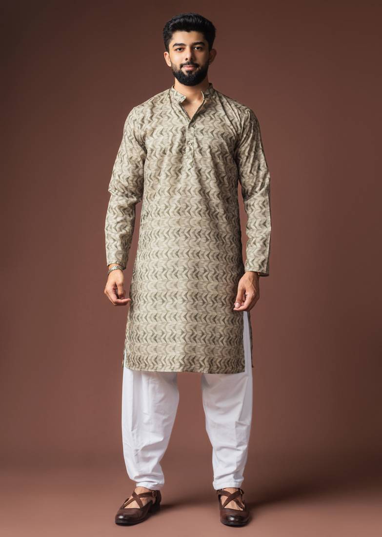 Mehandi green color blended linen fabric designer printed festive wear men's kurta payjama