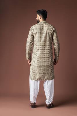 Mehandi green color blended linen fabric printed festive wear men's kurta payjama 2