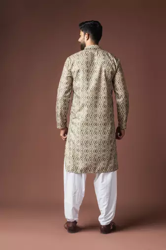 Mehandi green color blended linen fabric printed festive wear men's kurta payjama