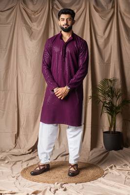 Wine color beautiful thread embroidery work rayon fabric ceremonial men's kurta payjama 1