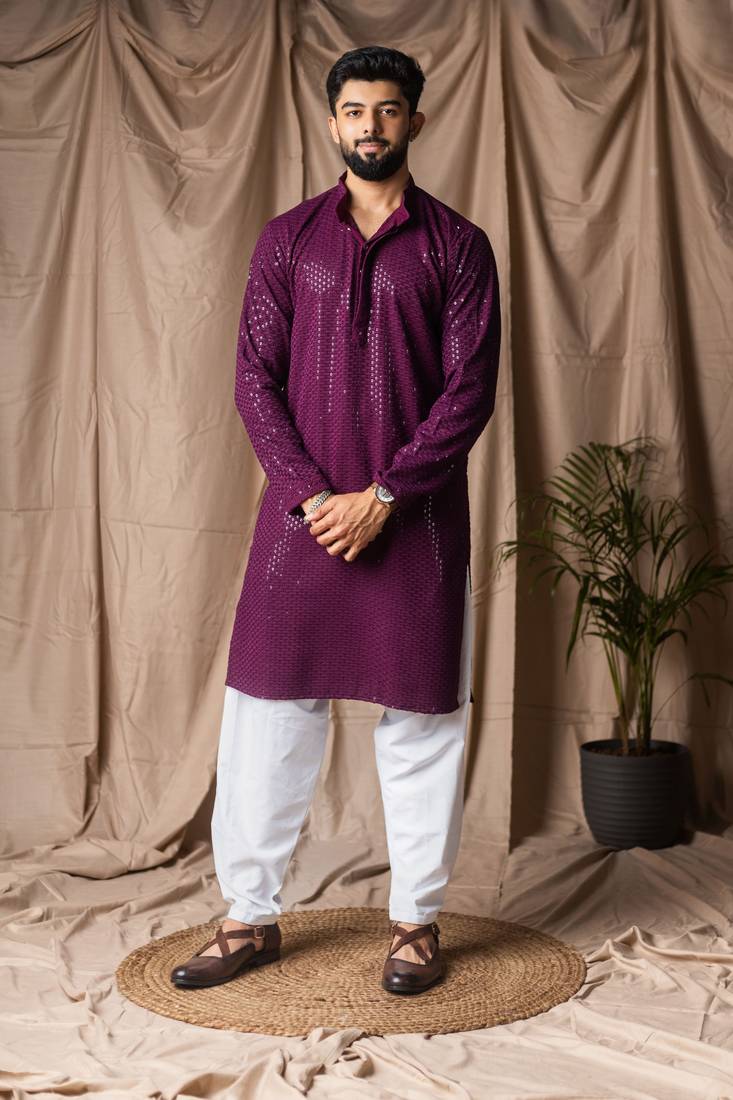 Wine color beautiful thread embroidery work rayon fabric ceremonial men's kurta payjama