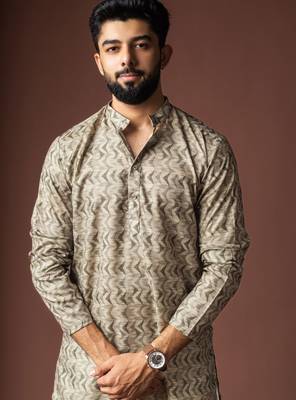 Mehandi green color blended linen fabric printed festive wear men's kurta payjama 3