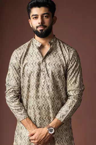 Mehandi green color blended linen fabric printed festive wear men's kurta payjama