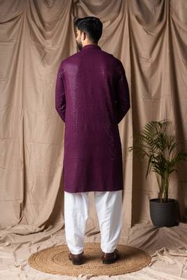Wine color beautiful thread embroidery work rayon fabric ceremonial men's kurta payjama 2