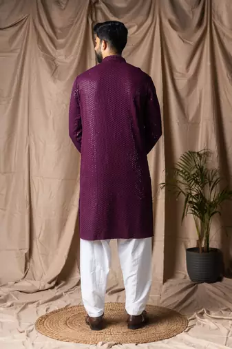 Wine color beautiful thread embroidery work rayon fabric ceremonial men's kurta payjama