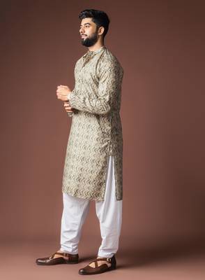 Mehandi green color blended linen fabric printed festive wear men's kurta payjama 4