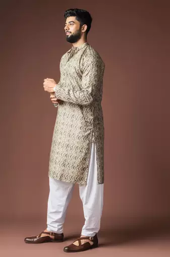 Mehandi green color blended linen fabric printed festive wear men's kurta payjama