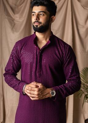 Wine color beautiful thread embroidery work rayon fabric ceremonial men's kurta payjama 3