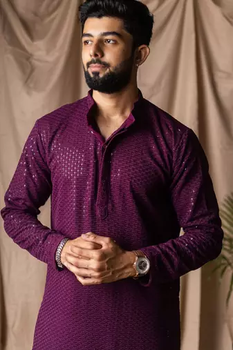 Wine color beautiful thread embroidery work rayon fabric ceremonial men's kurta payjama