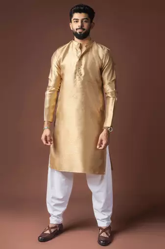 Golden color jacquard designer ethnic men's kurta payjama for festive looks