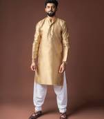 Golden color jacquard designer ethnic men's kurta payjama for festive looks