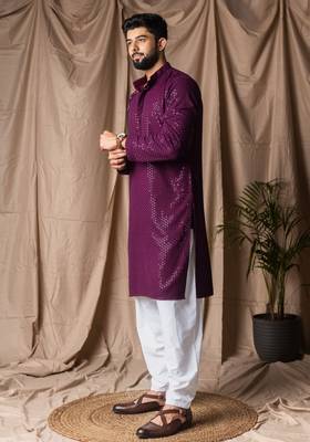 Wine color beautiful thread embroidery work rayon fabric ceremonial men's kurta payjama 4