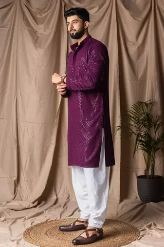 Wine color beautiful thread embroidery work rayon fabric ceremonial men's kurta payjama
