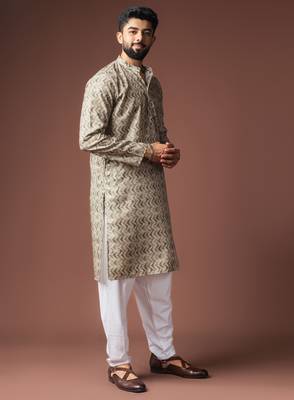 Mehandi green color blended linen fabric printed festive wear men's kurta payjama 5