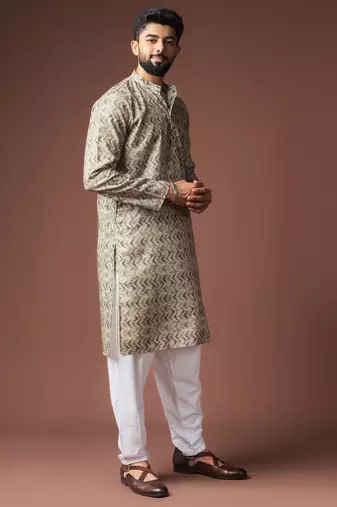 Mehandi green color blended linen fabric printed festive wear men's kurta payjama