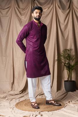 Wine color beautiful thread embroidery work rayon fabric ceremonial men's kurta payjama 5
