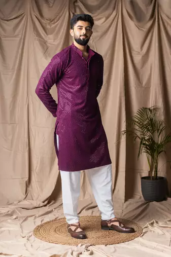 Wine color beautiful thread embroidery work rayon fabric ceremonial men's kurta payjama