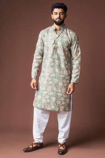 Greenish blue color blended linen fabric designer printed festive wear men's kurta payjama