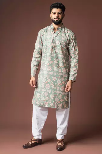 Greenish blue color blended linen fabric designer printed festive wear men's kurta payjama