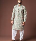 Greenish blue color blended linen fabric designer printed festive wear men's kurta payjama