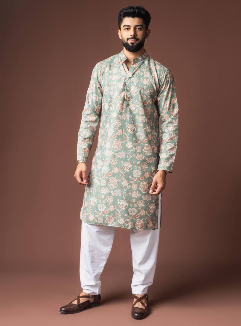 Greenish blue color blended linen fabric designer printed festive wear men's kurta payjama
