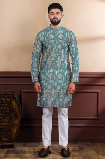 Teal color ethnic woven patta with digital printed ceremonial kurta payjama for men's