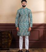 Teal color ethnic woven patta with digital printed ceremonial kurta payjama for men's