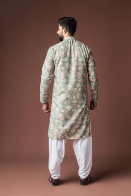 Greenish blue color blended linen fabric printed festive wear men's kurta payjama 2