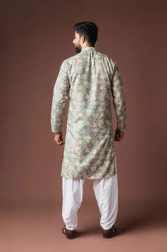 Greenish blue color blended linen fabric printed festive wear men's kurta payjama