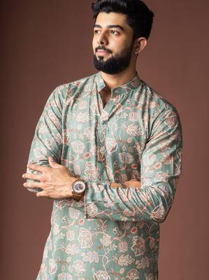 Greenish blue color blended linen fabric printed festive wear men's kurta payjama 3