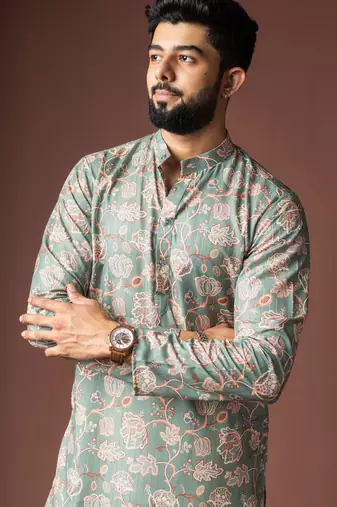 Greenish blue color blended linen fabric printed festive wear men's kurta payjama