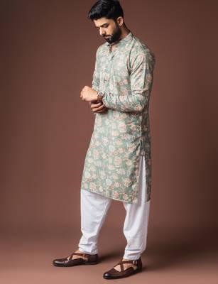 Greenish blue color blended linen fabric printed festive wear men's kurta payjama 4