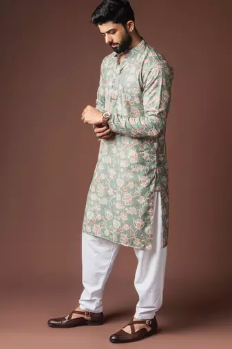 Greenish blue color blended linen fabric printed festive wear men's kurta payjama