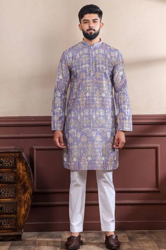 Lavender color ethnic woven patta with digital printed ceremonial kurta payjama for men's